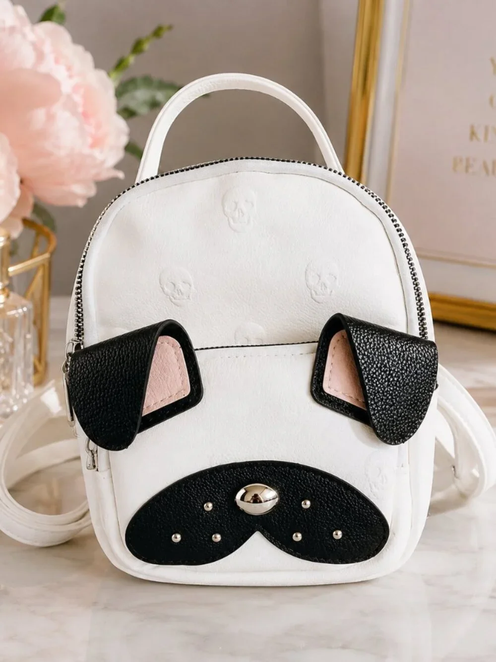 Betsey Johnson Pug Dog Mini Backpack Cream Black 3D Ears NWT